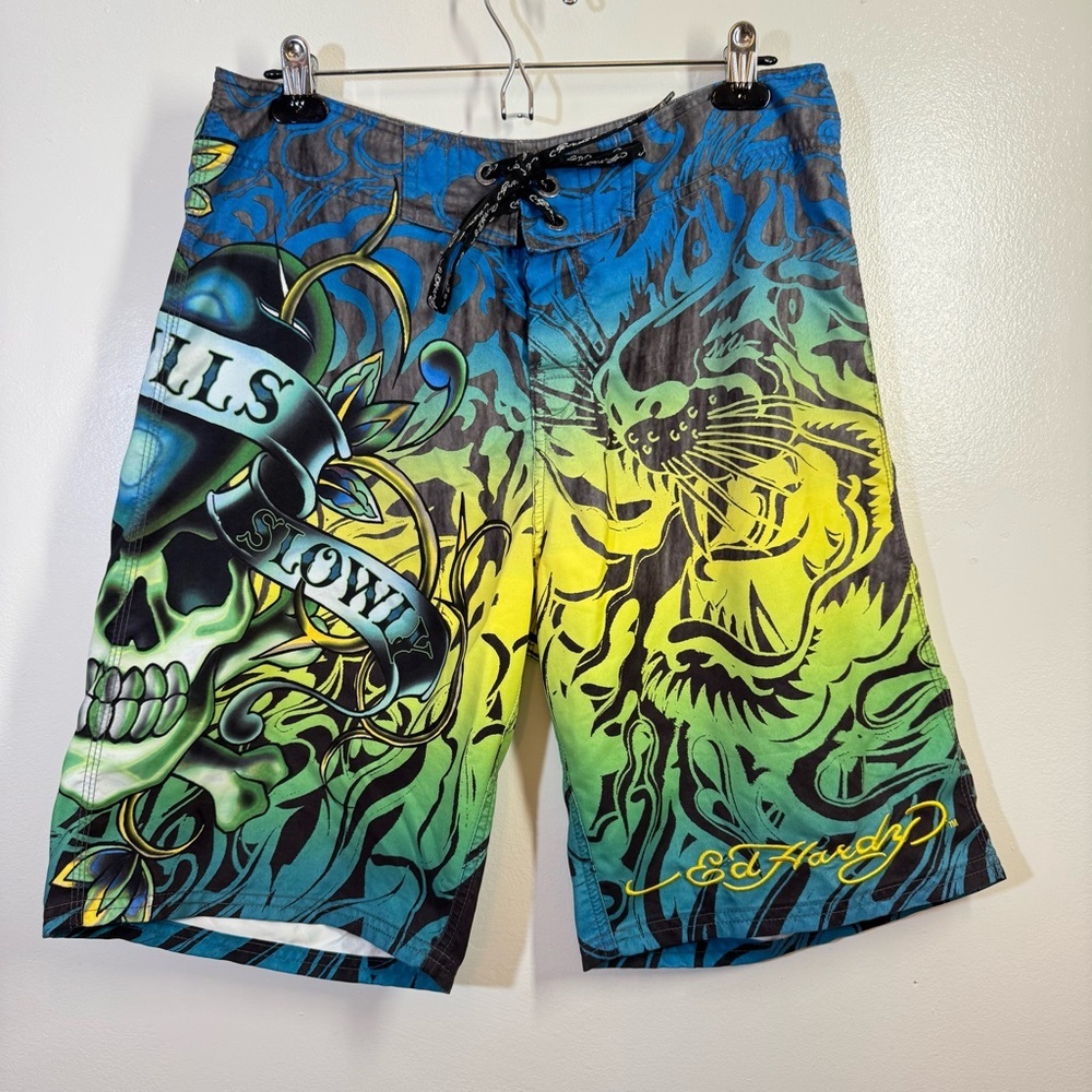 Ed Hardy Board Shorts 33 Blue Green Tattoo Love Kills Slowly Tiger Skull Print
